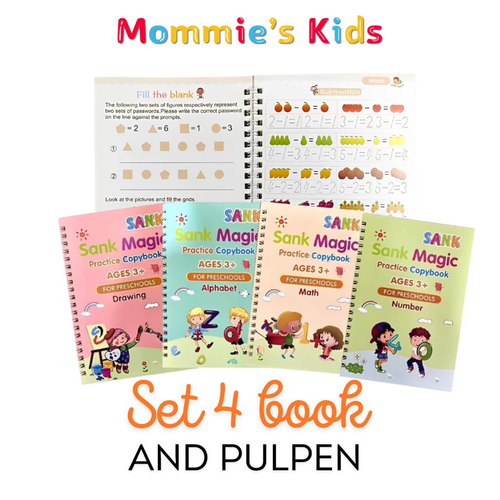 

Mommie's Kids 1 Set Dapat 4 Buku Pena Magic Practice Book Belajar Alfabet Lukisan Aritmatika / Sank Book / Buku Sank Magic Practice Book 1 Set 4 Buku dan 1 Set Pulpen.MK635