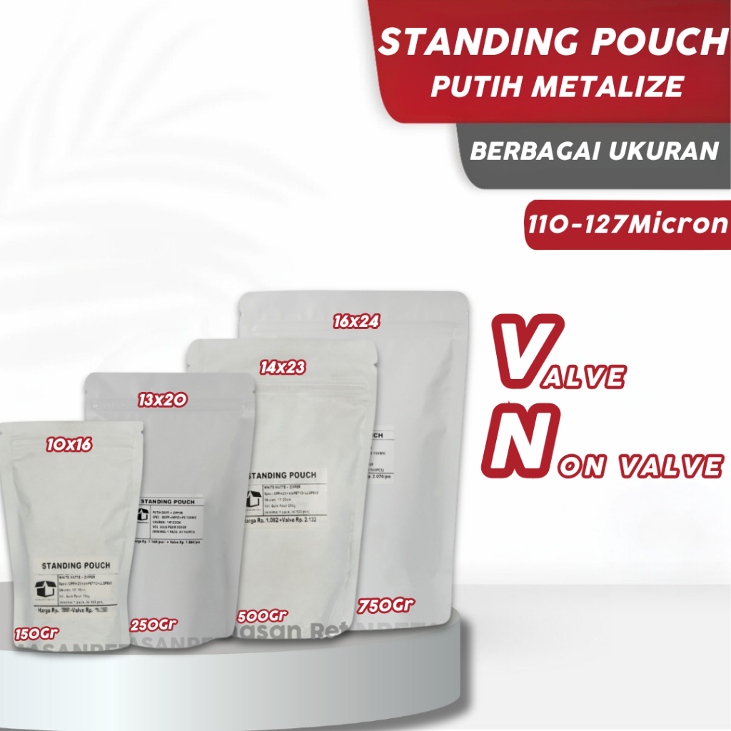 Standing Pouch Metalized Putih - Packaging Makanan dan Kopi - Plastik Kemasan Makanan Premium