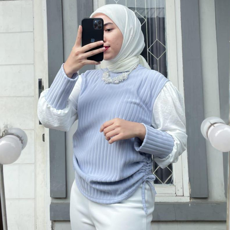 New Atasan Puffy Sleeve Top Blouse Serut  Samping Baju Casual Lengan Balon Atasan Wanita Basic Korea