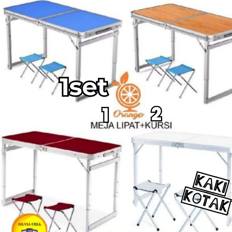 Meja lipat portable meja lipat koper HPL Kaki kotak plus 2 kursi