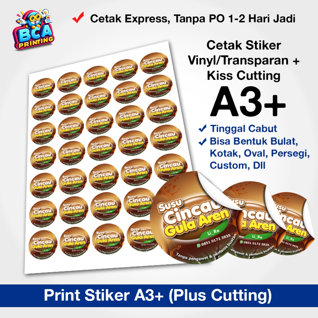 

Print stiker + cutting | cetak stiker vinyl / transparan A3+ cutting | Stiker Label Kemasan UMKM | cetak stiker + kiss cutting