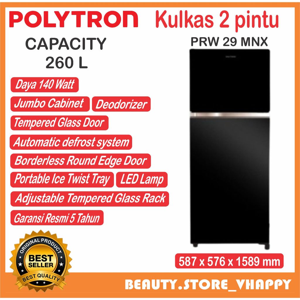 Kulkas 2 Pintu Polytron 260 Liter PRW 29 MNX Garansi Resmi Khusus Bandung dan Luar Bandung