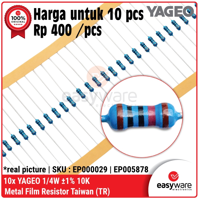 10x YAGEO Resistor Taiwan 10K 1/4W 0.25W 1% Metal Film Resistor Taiwan 10K Ohm Resistor Kaki Tebal