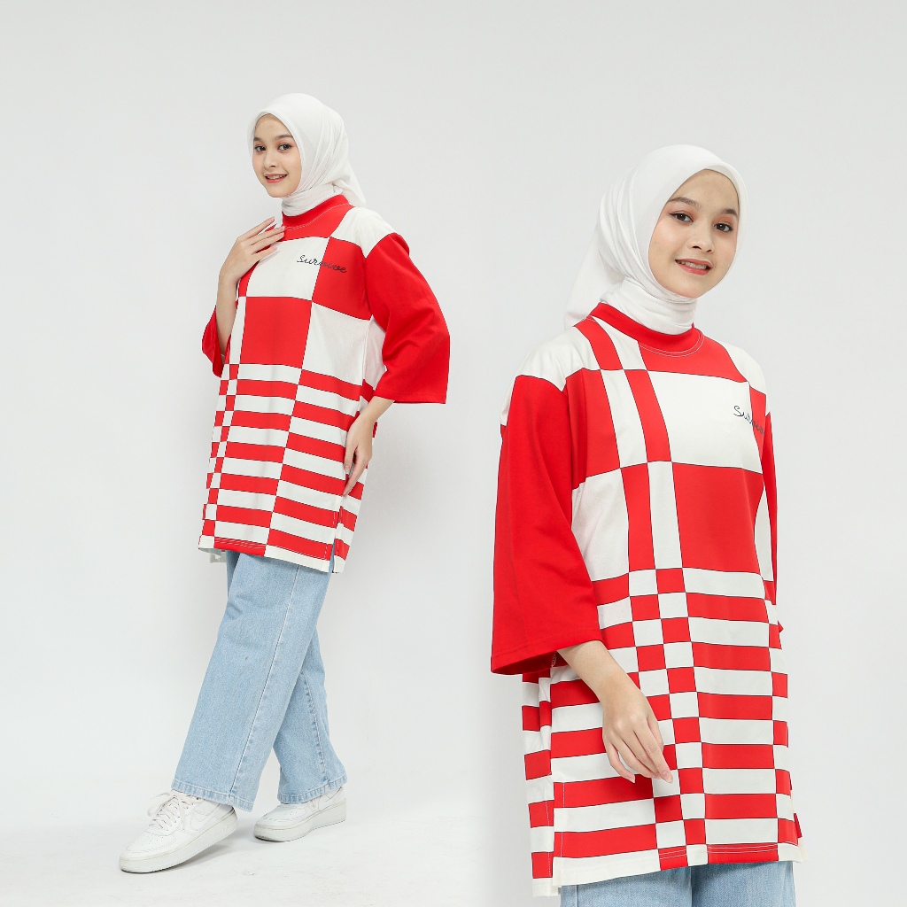 SURVIVE | Kaos tunik wanita 'square' merah putih
