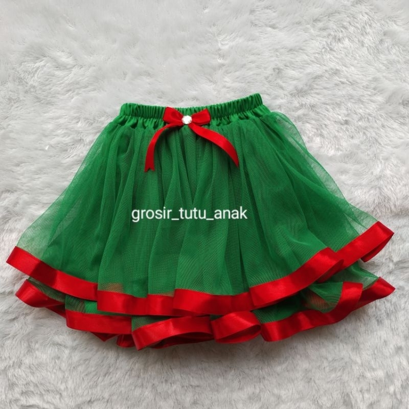 Namira Rok Tutu Dua Susun Tile Polos Pita Satin Usia 1-12 Tahun - Rok Tile Hijau List Pita Merah - R