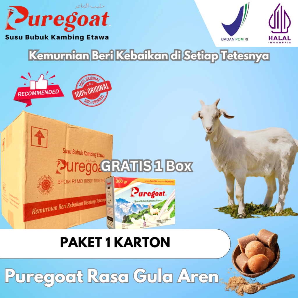 

Puregoat - PAKET NGEBORONG Susu Bubuk Kambing Etawa Gula Aren Murni - Paket 1 Karton GRATIS 1 BOX