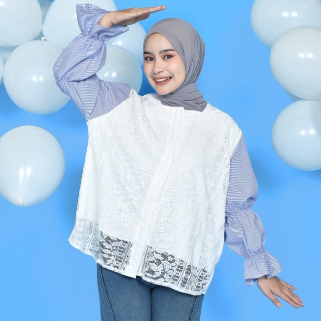 Blouse Kemeja Atasan Wanita Lengan Panjang Brukat  Seika Lace Top  BWSBlue