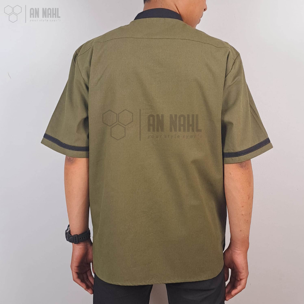 Koko Kurta Pria Lengan Pendek Baby kanvas Army  Strip Black