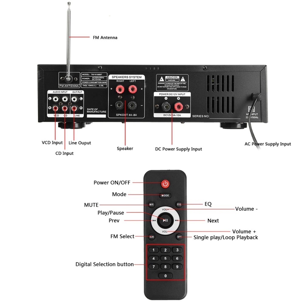 Bluetooth EQ Audio Amplifier Home Theater FM 2000W Sunbuck TAV-6188BT