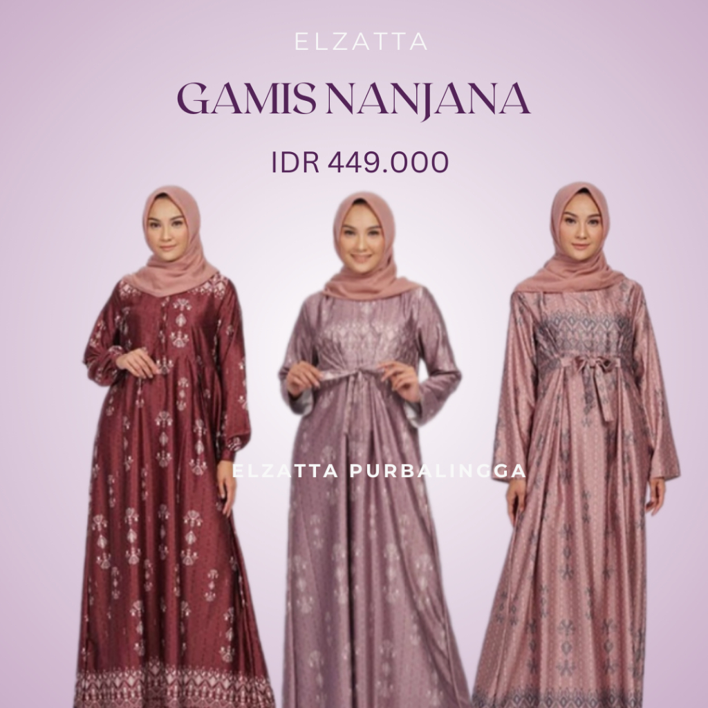 Elzatta Gamis Wanita Bahan Satin Perempuan Gamis Nanjana Motif Elzatta