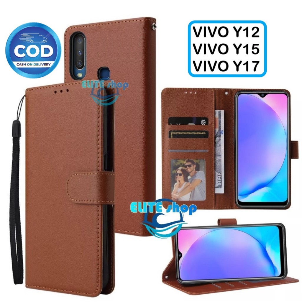 Casing VIVO Y12 / Y15 / Y17 model flip buka tutup case kulit ada tempat foto dan kartu juga tali hp 