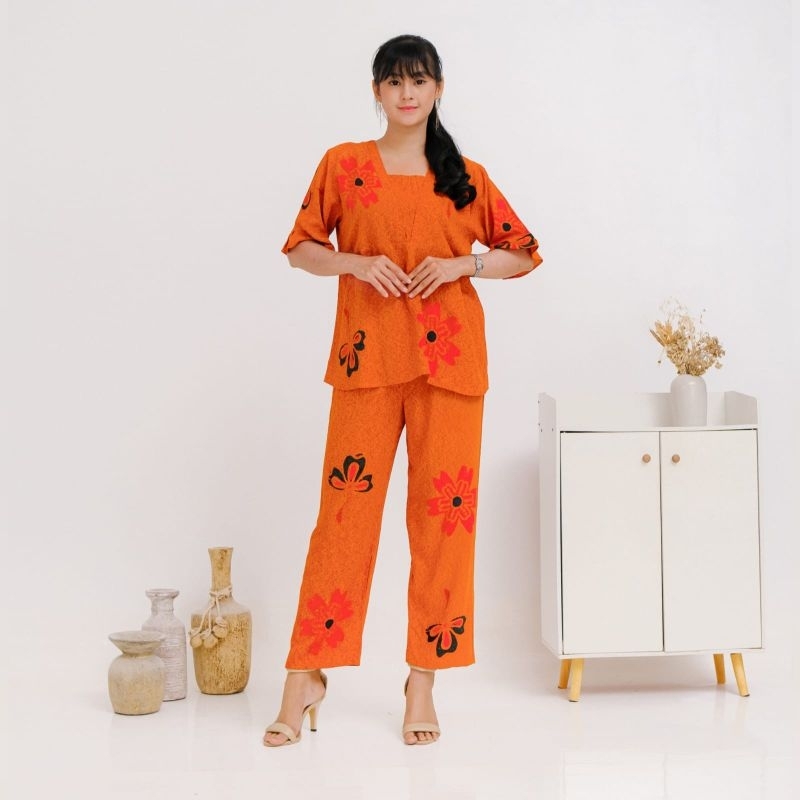 Rempel Setelan Cap Batik Dewasa Motif Sunan LD 110 Piyama One Set Bahan Adem Lengan Pendek 3/4 Busui