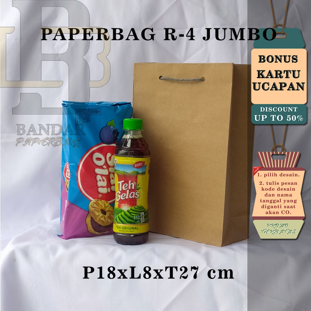 

PAPERBAG BONUS KARTU UCAPAN UKURAN R-4/HATARI JUMBO (P17 x L8 x T27 CM) WARNA COKELAT POLOS