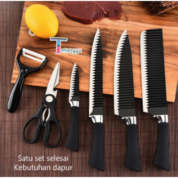 Pisau Dapur Hitam Set Isi 6pcs / Pemotong Gelombang Baja Tahan Karat