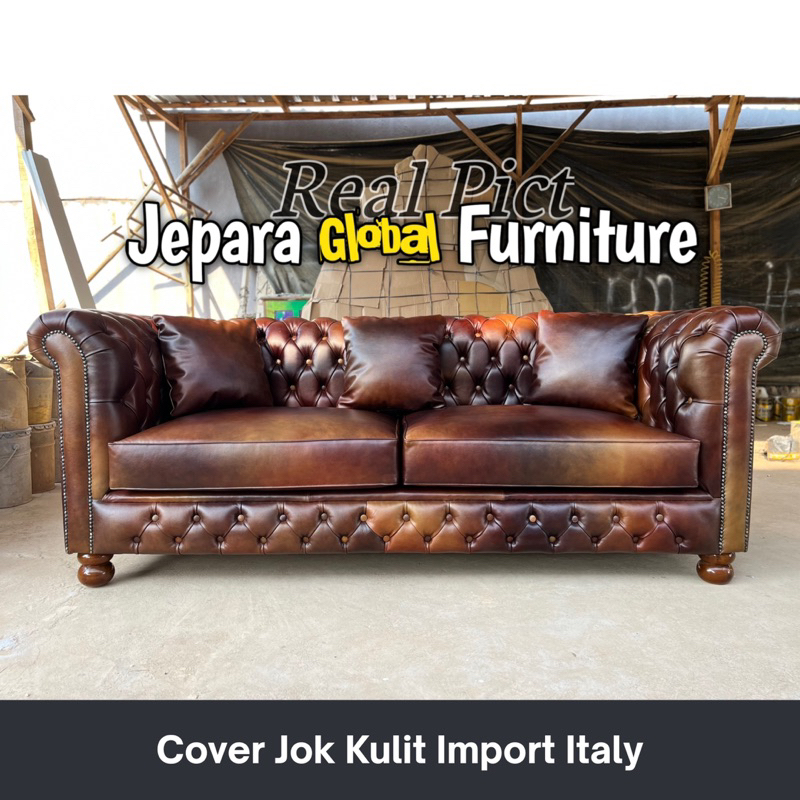 REAL PICT  Sofa tamu Cesterfield Kulit Asli Import Italy - kursi sofa Kulit - sofa kulit klasik - ku