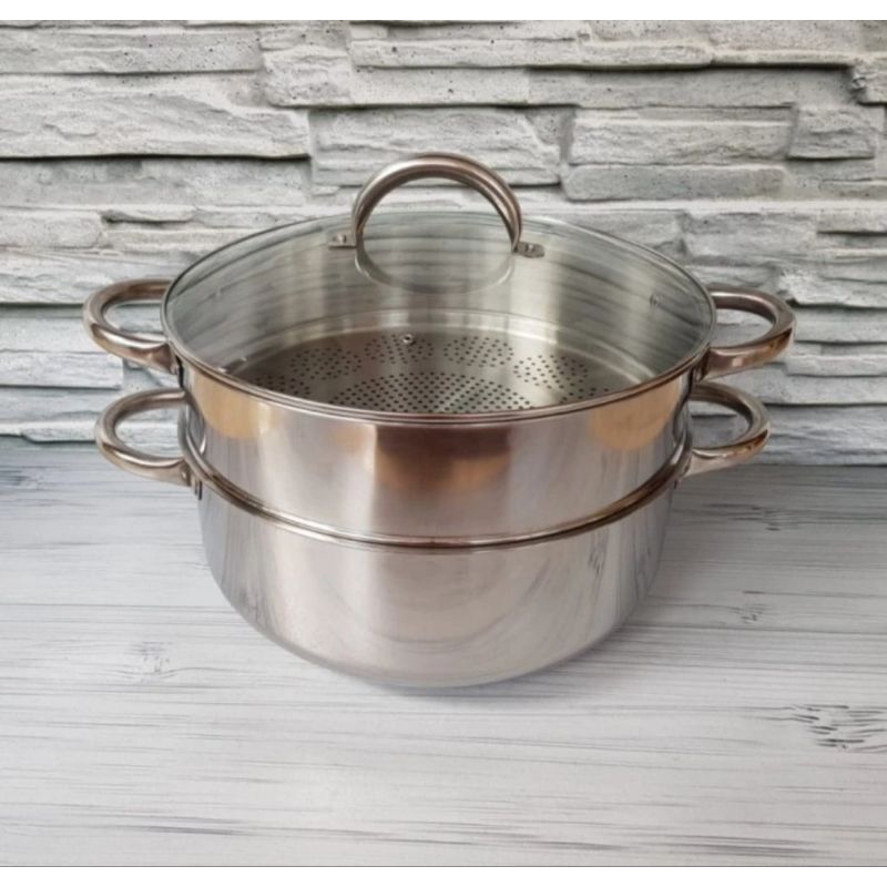 Panci Kukus Steamer Supra 40 cm susun 2 Stainless steel tutup kaca