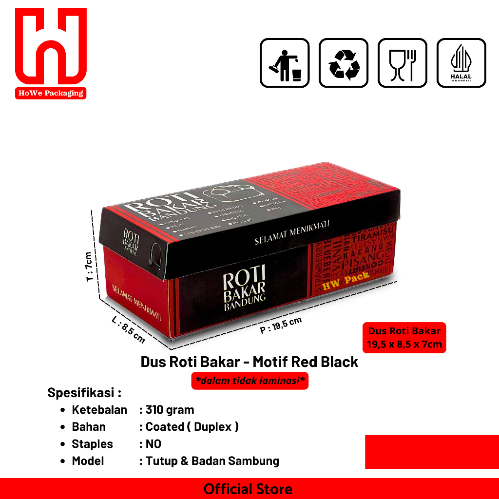 [MIN 20Pcs] HoWe Packaging Dus Roti Bakar Bandung / Dus Roti - Motif Red Black