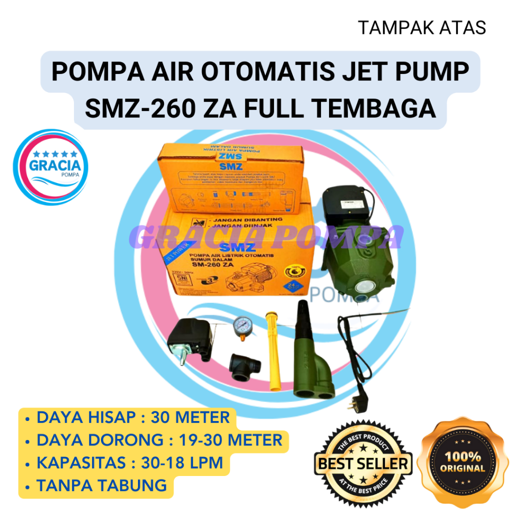 POMPA AIR JET PUMP SMZ 260 FULL TEMBAGA (SUMUR BOR 30 METER) ORIGINAL BERKUALITAS - Gracia Pompa