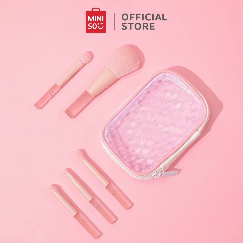Miniso Makeup Brushes Kuas Rias Pink Series Mini Set Kuas Rias dengan Kotak Penyimpanan
