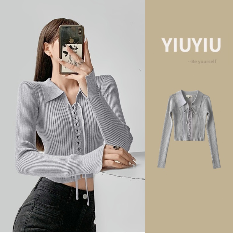 YIU YIU Rajut - Sweater Korea Crop Top Long Sleeve Sexy Rajut Crop V-neck Sweater Rajut Premium