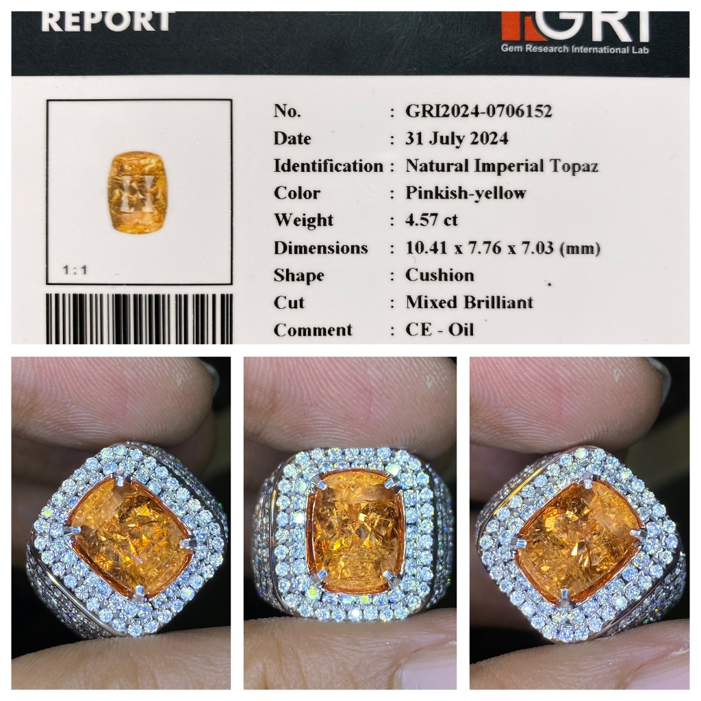 Natural 4.57ct imperial Topaz memo gri ring microsetting