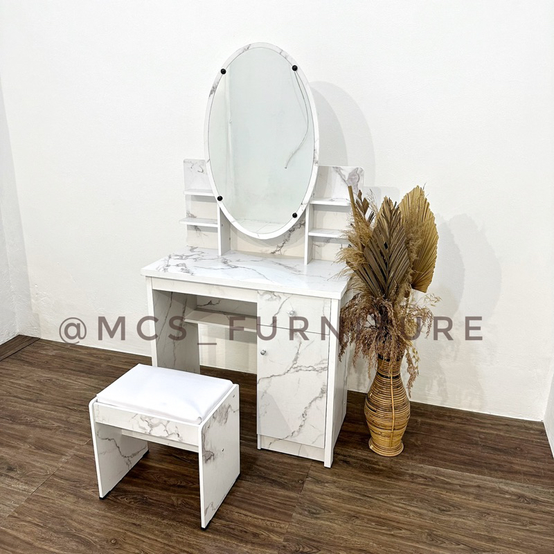 Meja Rias Oval Marble Sliding Free Kursi MCS Furniture Semarang Demak Kendal