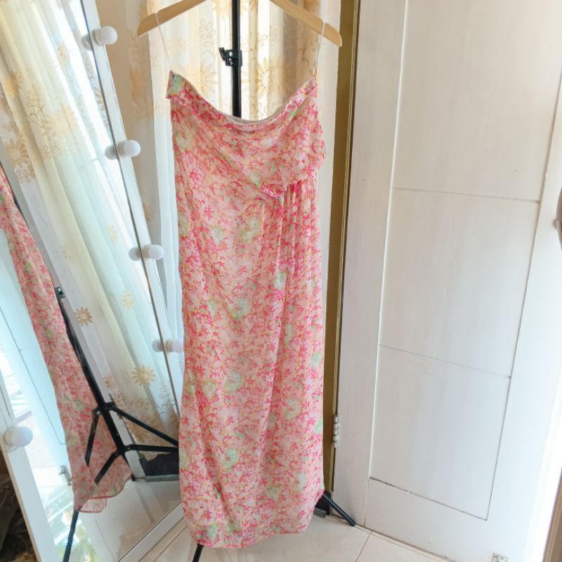 ZARA BASIC Floral Pink Maxi Strapless Dress