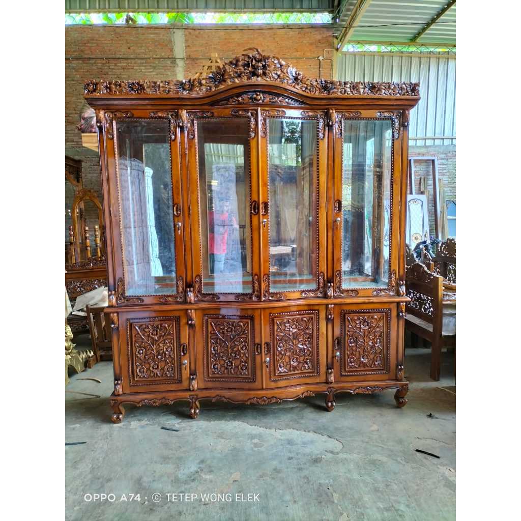 lemari hias minimalis 4 pintu bahan kayu jati solid tipe sima mewah | Almari hias sisilia / Almari p