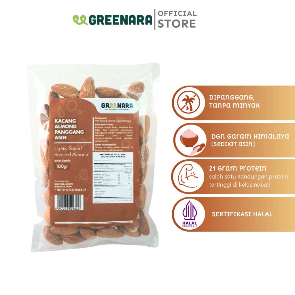 

Greenara - Kacang Almond Panggang Asin 100gr / Lightly Salted Roasted Almond