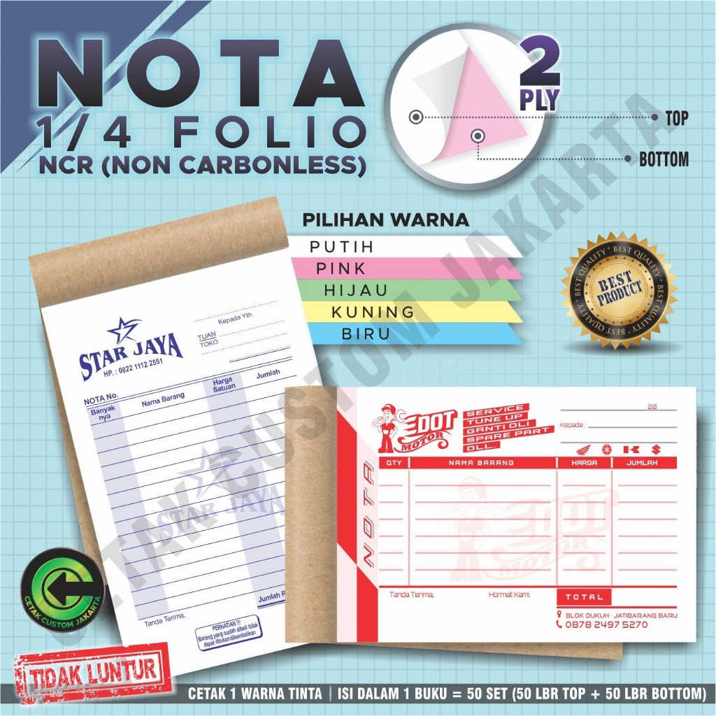 BUKU NOTA,KWINTASI,NOTA CUSTOM,BON 2PLY BAHAN NCR (FREE DESIGN)