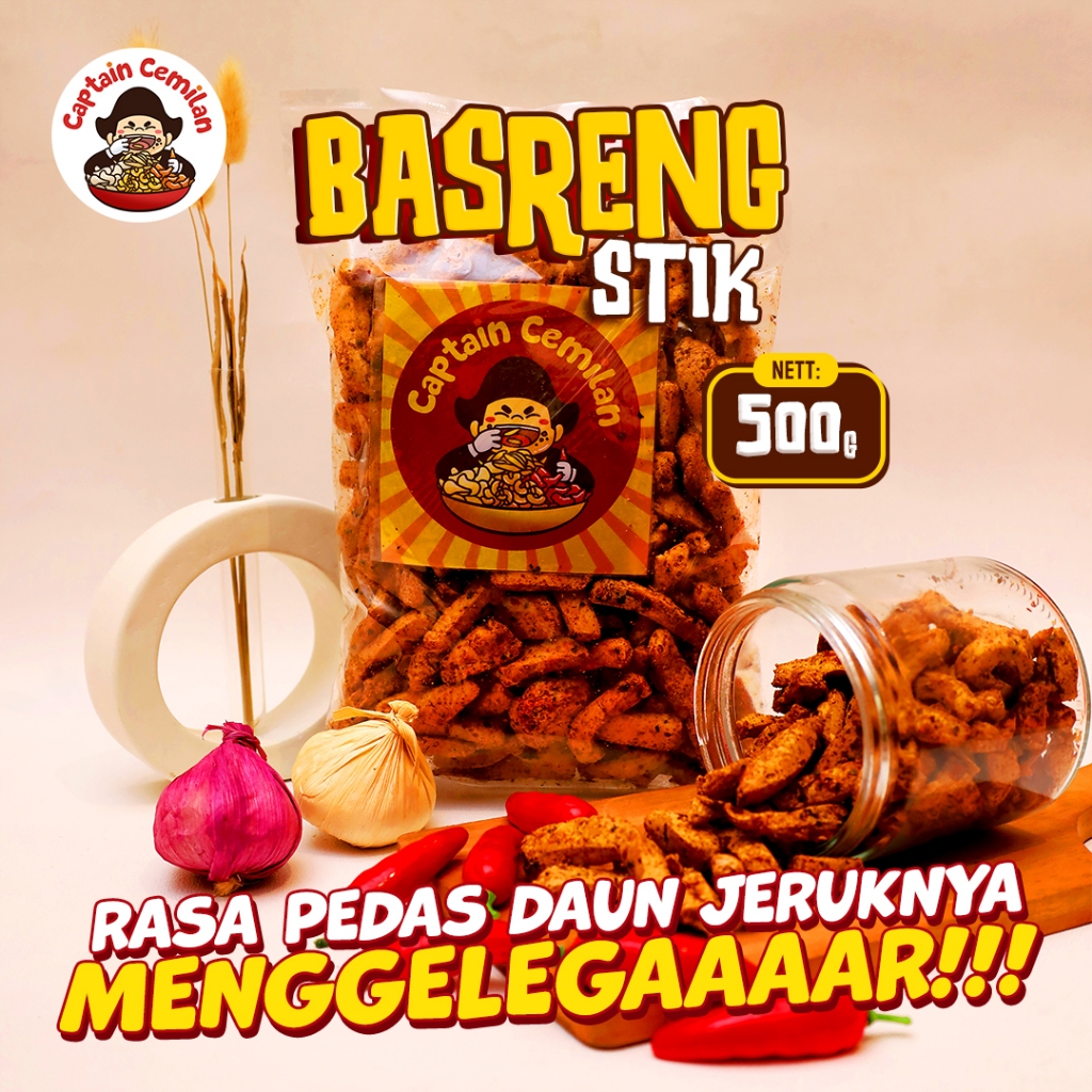 

500gram Basreng Stik Pedas Gurih Daun Jeruk renyah kriuk baso goreng rempah snack Captain Cemilan