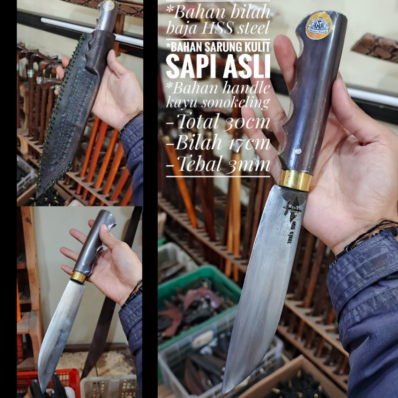 Pisau Skinner Baja Hss Sarung Kulit Kualitas Premium. ( Pisau Seset, Hunting, Fillet Ikan )