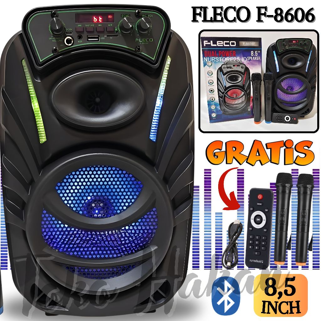 Speaker Bluetooth Fleco F-8606F / Speaker 8,5 Inch Bonus 2 Mic Wireles + Remote + Kabel Charger - Sp