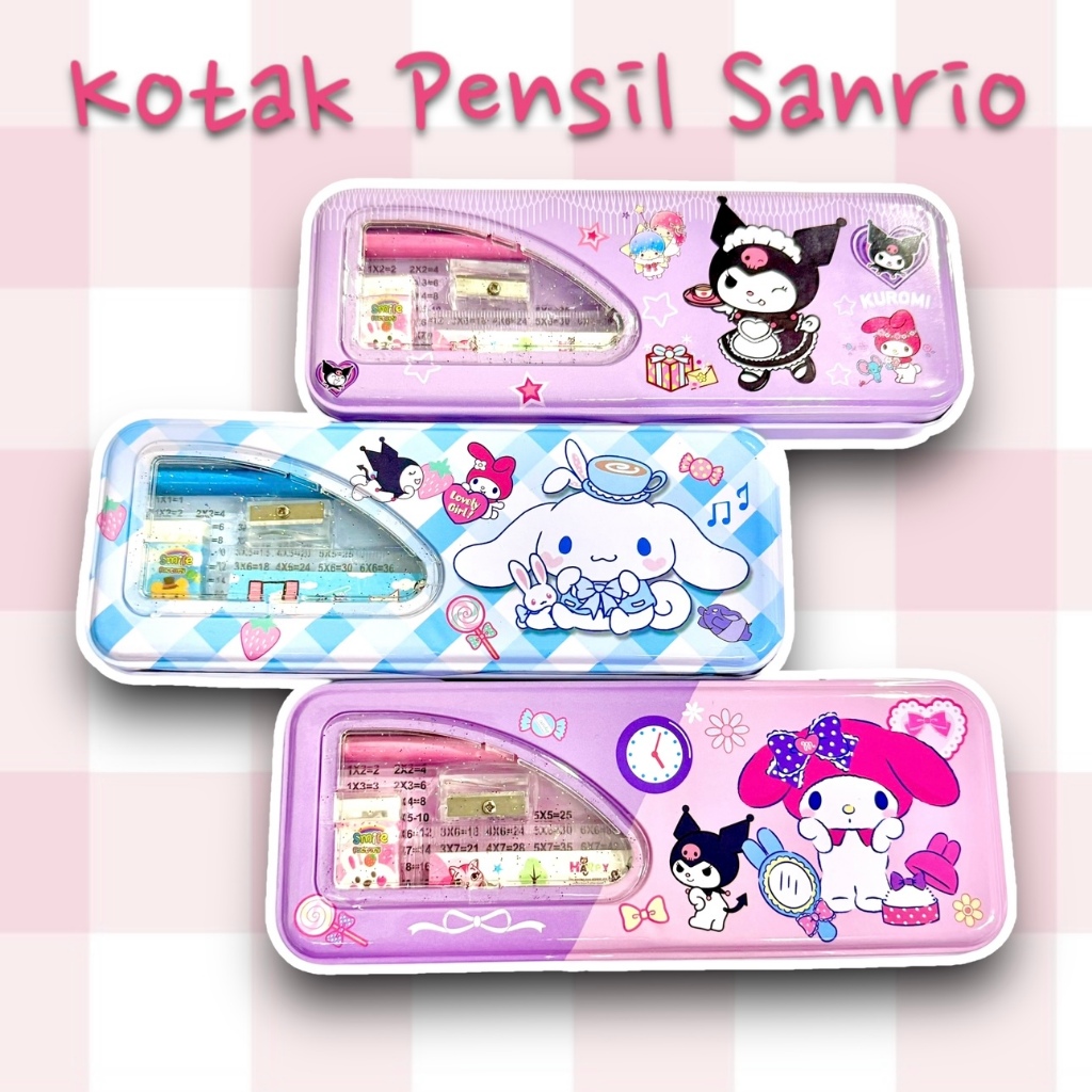 

KP06 Kotak Pensil Kaleng 2 tingkat Gambar Sanrio Kuromi Stationery Set isi Kotak Pensil Pensil Penggaris Penghapus Serutan