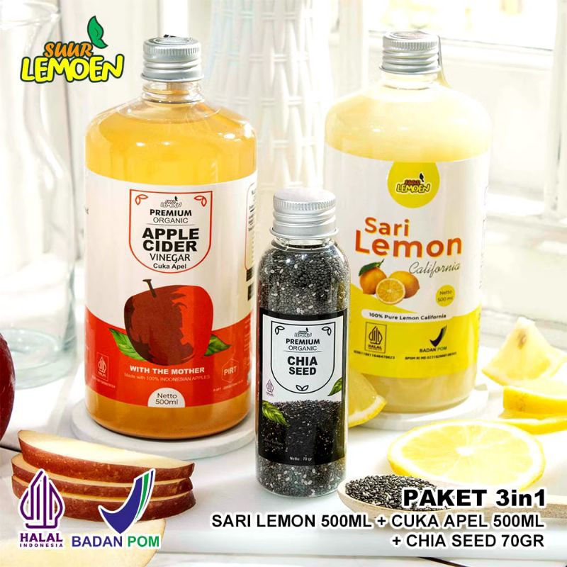 

PAKET CUKA APEL 500 ML + SARI LEMON 500 ML + CHIA SEEDS 70 GR SUUR LEMON