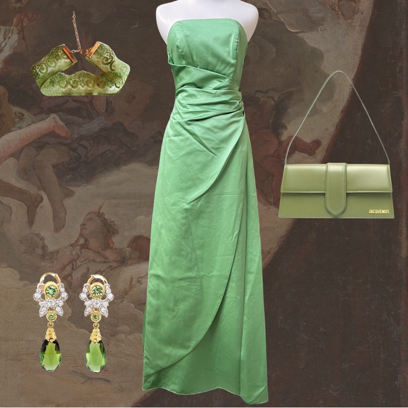 Gaun pesta berkerut strapless satin hijau emerald