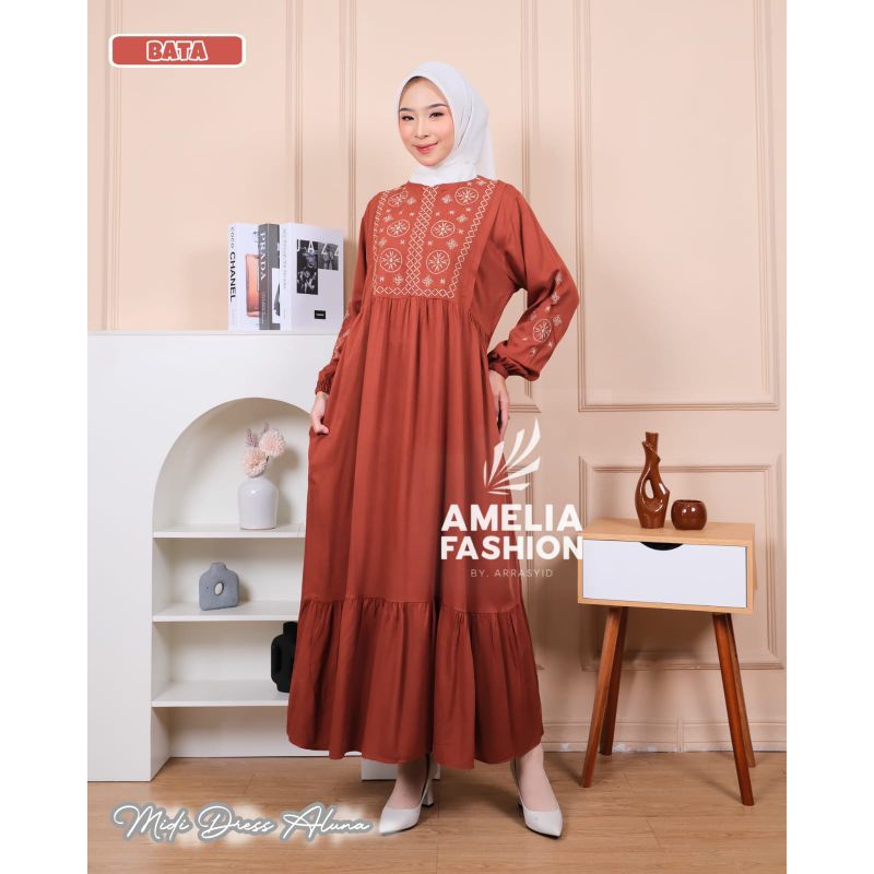 Midi Dress Aluna By Amelia/Gamis Twill Bordir/Gamis Rempel Bordir