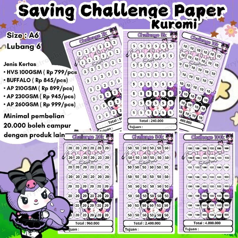 

♡•♡ strawberryid 014 ♡•♡ 1 LEMBAR KUROMI SANRIO KERTAS MENABUNG SAVING CHALLENGE