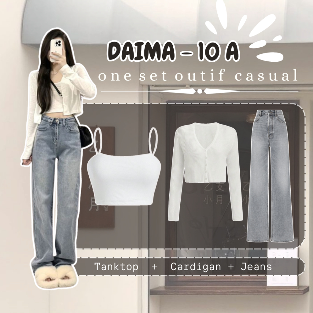 OOTD One Set 3in1 Cardigan Rajut Putih + Tanktop Katun Putih + Celana Jeans Premium Simpel 10A