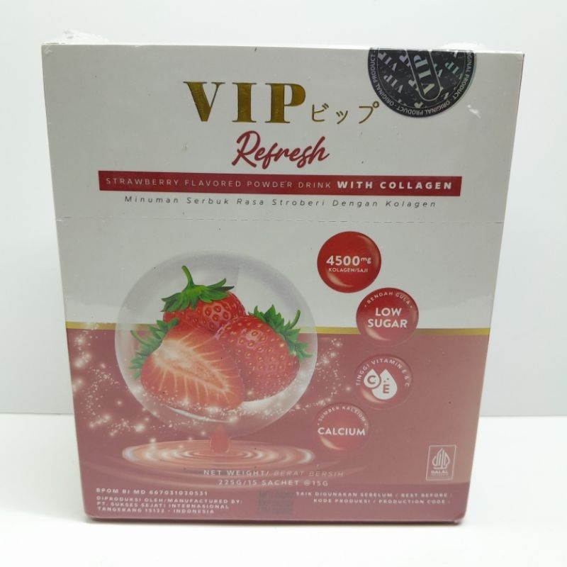 

VIP refresh minuman serbuk rasa stroberi dengan colagen perbox isi 15 sachet 15gr