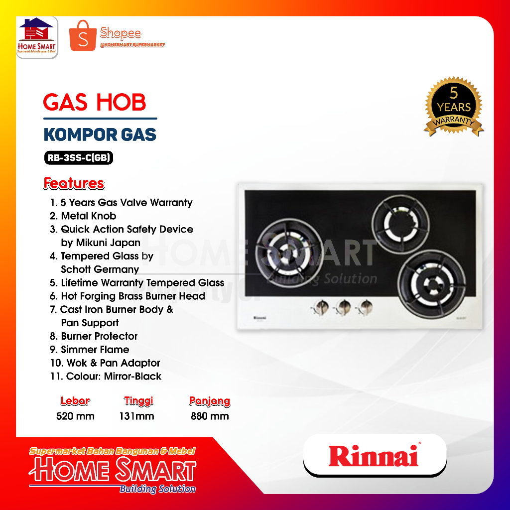 Kompor Tanam Rinnai RB-3SS-C (GB) Garansi Resmi Rinnai