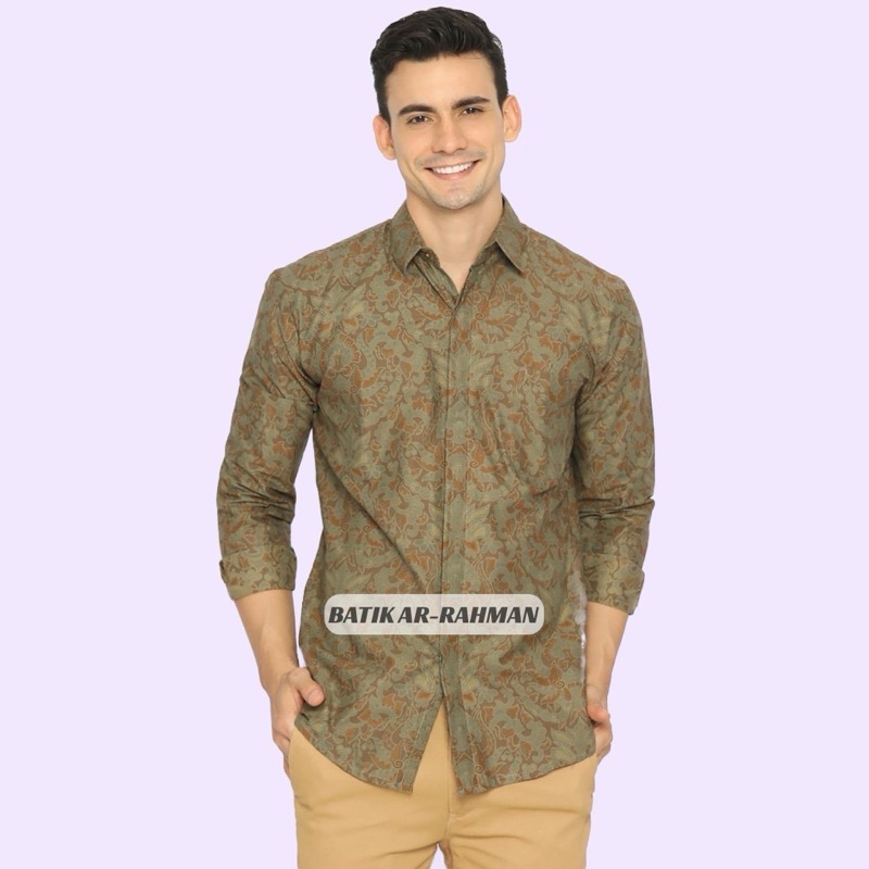 KEMEJA BATIK PRIA Lengan Pendek Premium Hijau Kraton Lawasan Jogja Solo Soga 725329 Cap 72 - Baju Ke