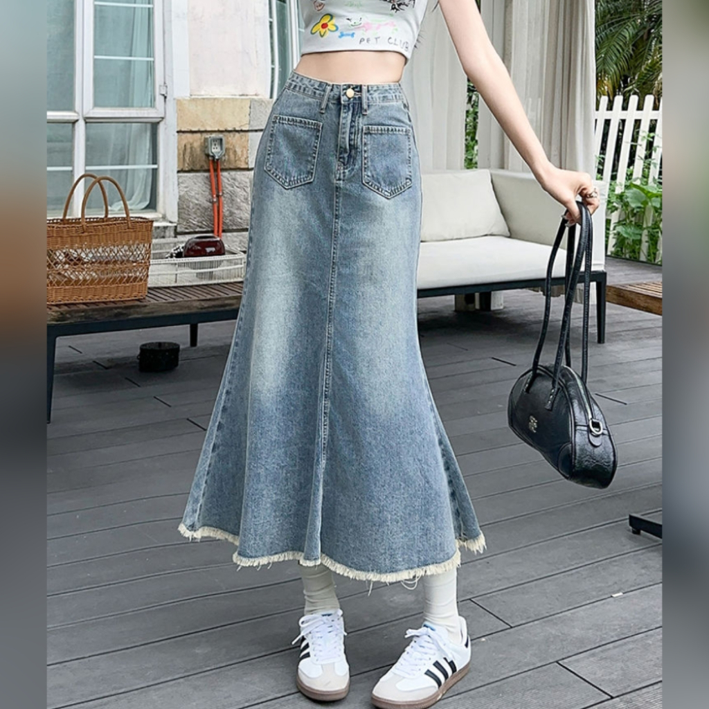 ROK MIDI JEANS WANITA HIGHWAIST RETRO KOREALOOK