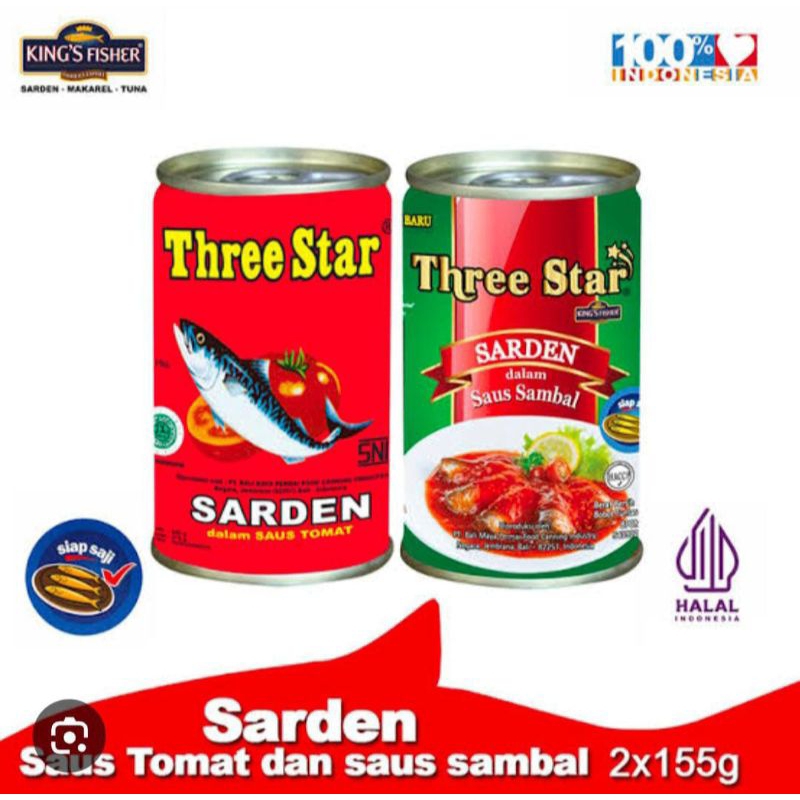 

Sarden Three Star saos tomat, sambal 155gr, 425gr