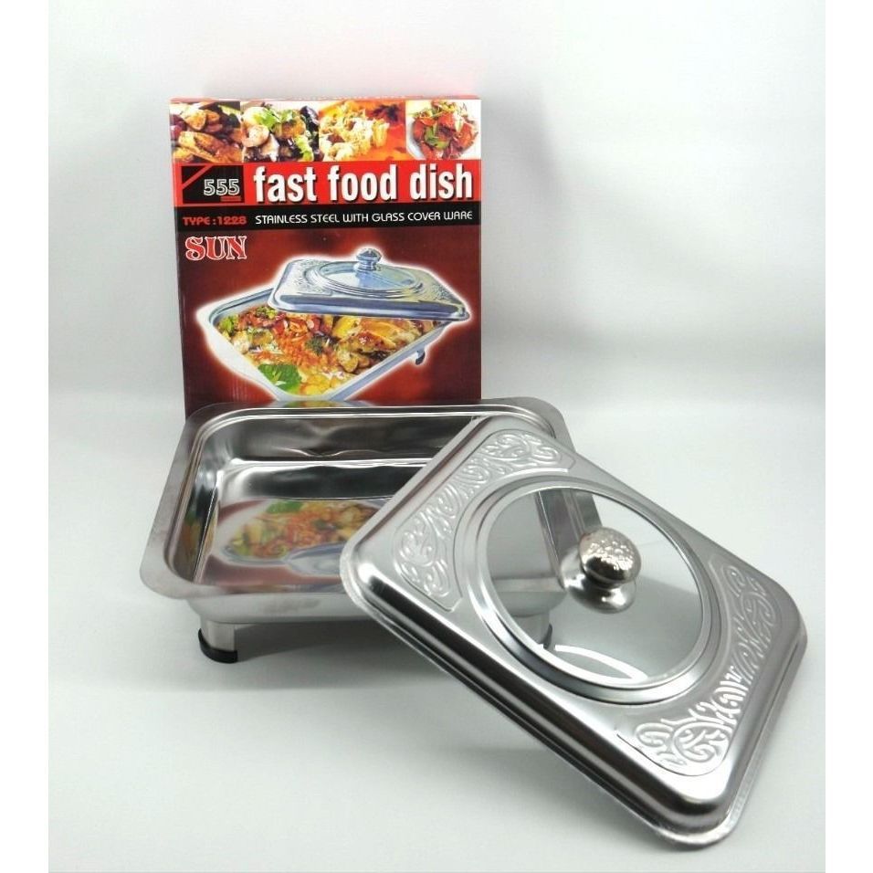 TEMPAT MAKAN PRASMANAN SET STAINLESS KACA /FASTFOOD BMW SEGI TUTUP KOMBINASI KOTAK PERSEGI SERBAGUNA