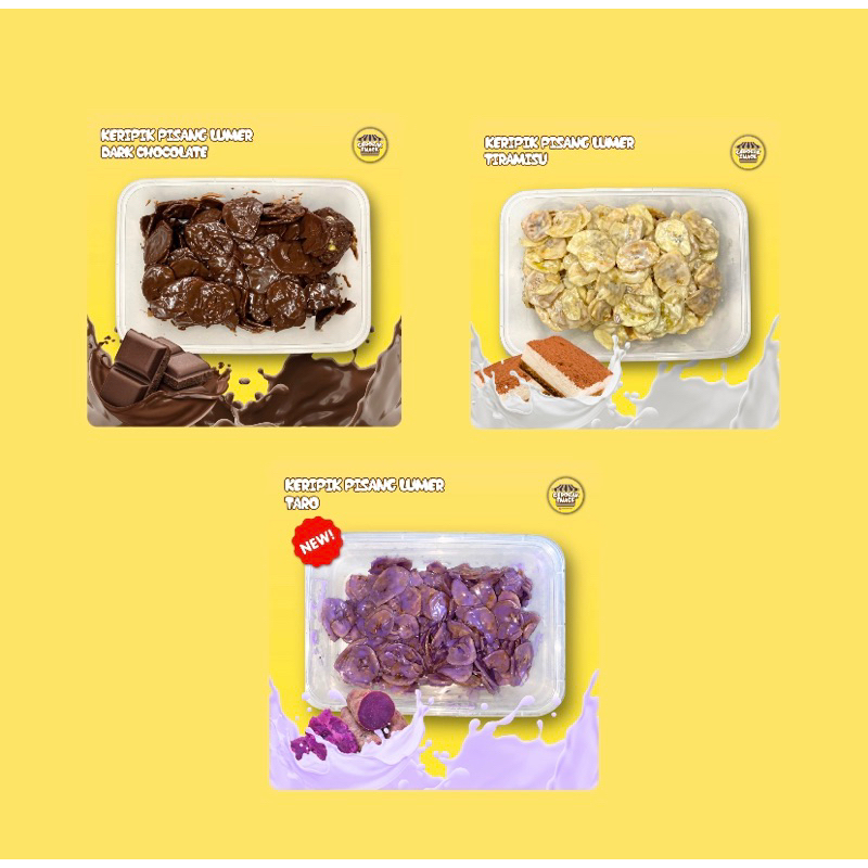 

Keripik Pisang Lumer COMBO 3 Kotak mix varian Dark Chocolate + Tiramisu + Taro ukuran 150gr
