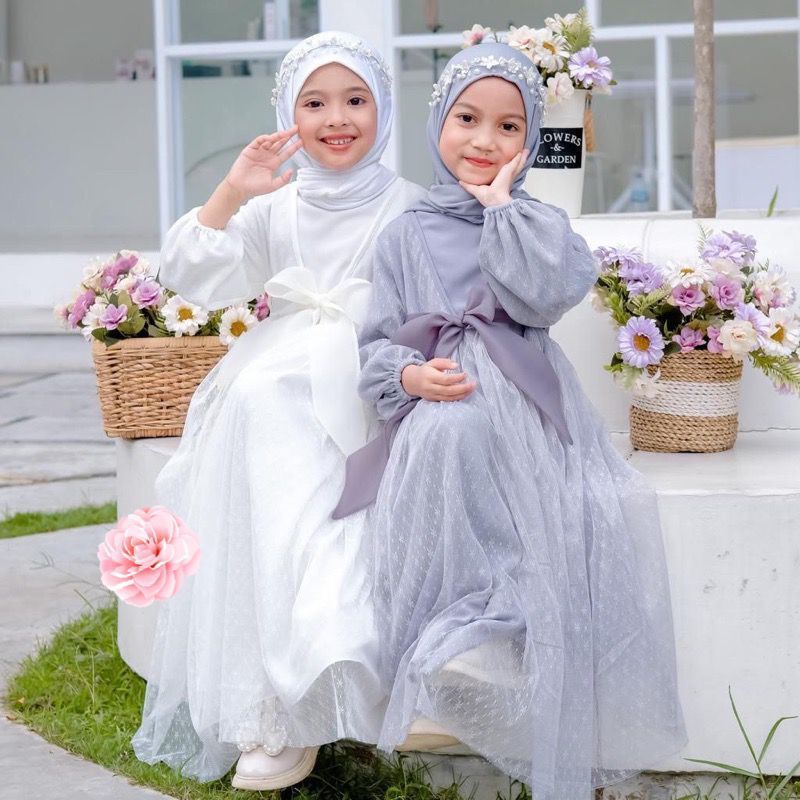 Gamis anak perempuan muslim mewah terbaru gaun putih mutiara panjang tile lebaran Ladys Kid