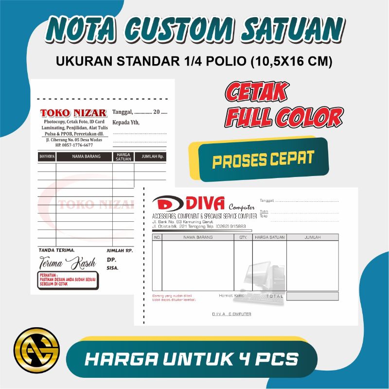 

Cetak Nota Custom isi 50 lembar perbuku harga untuk 4 buku uk 1/4 polio