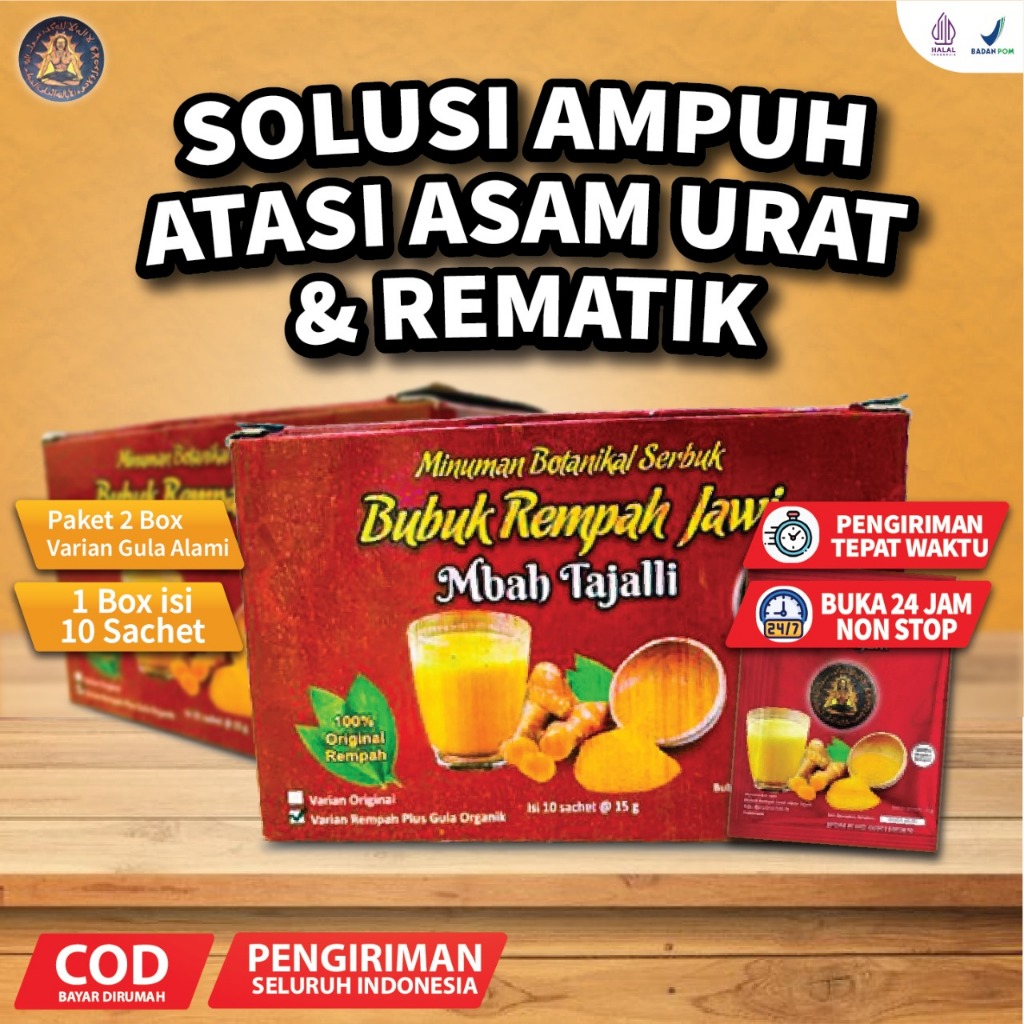 

Paket Ampuh Atasi Asam Urat 2 BOX ( 20 SACHET ) BUBUK REMPAH JAWI MBAH TAJALLI GULA AREN