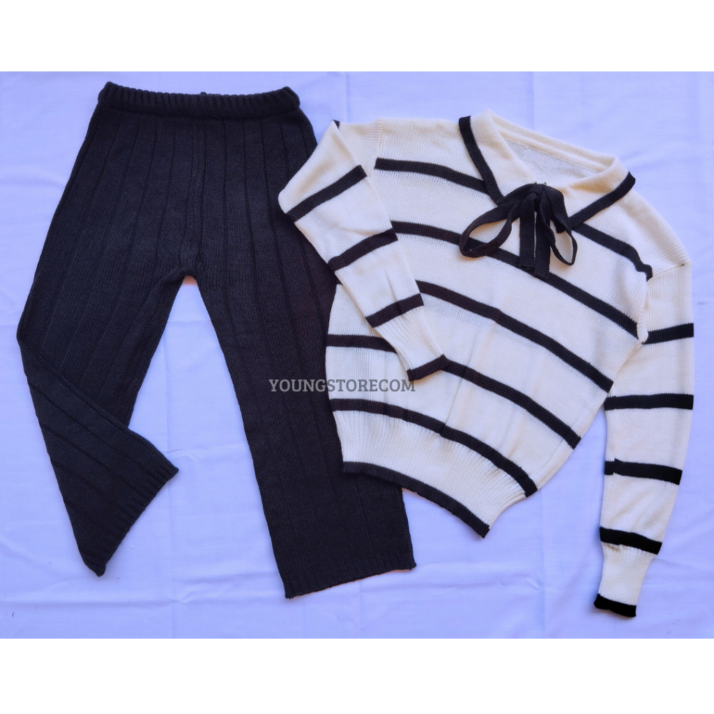Setelan Anak Perempuan - Baju Setelan Anak Cewek - Setelan Sweater Rajut Beiza Tali Pita Dan Celana 